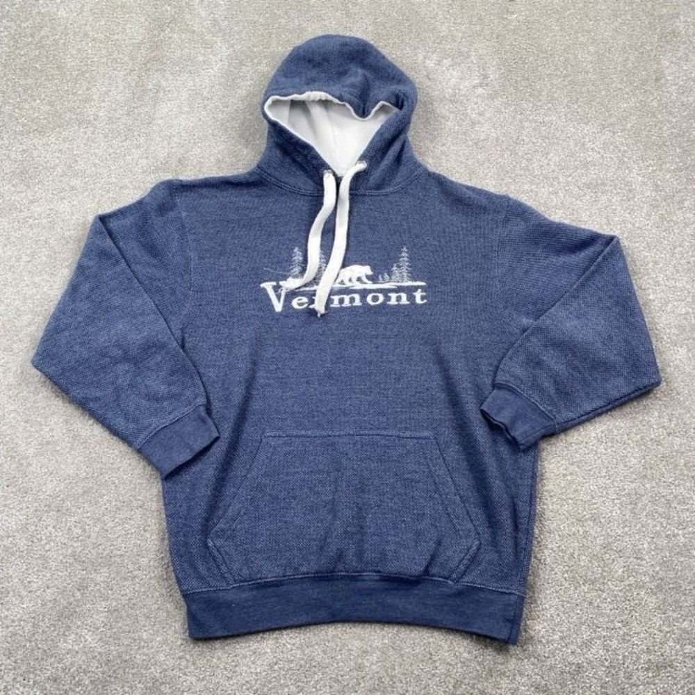 Vermont Embroidered Pullover Hoodie Mens Size S Blue Retro Bear Graphic